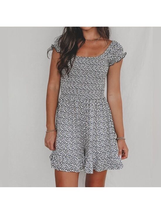 Pants - Patterned Jumpsuit with Cap Sleeves and Square Neckline